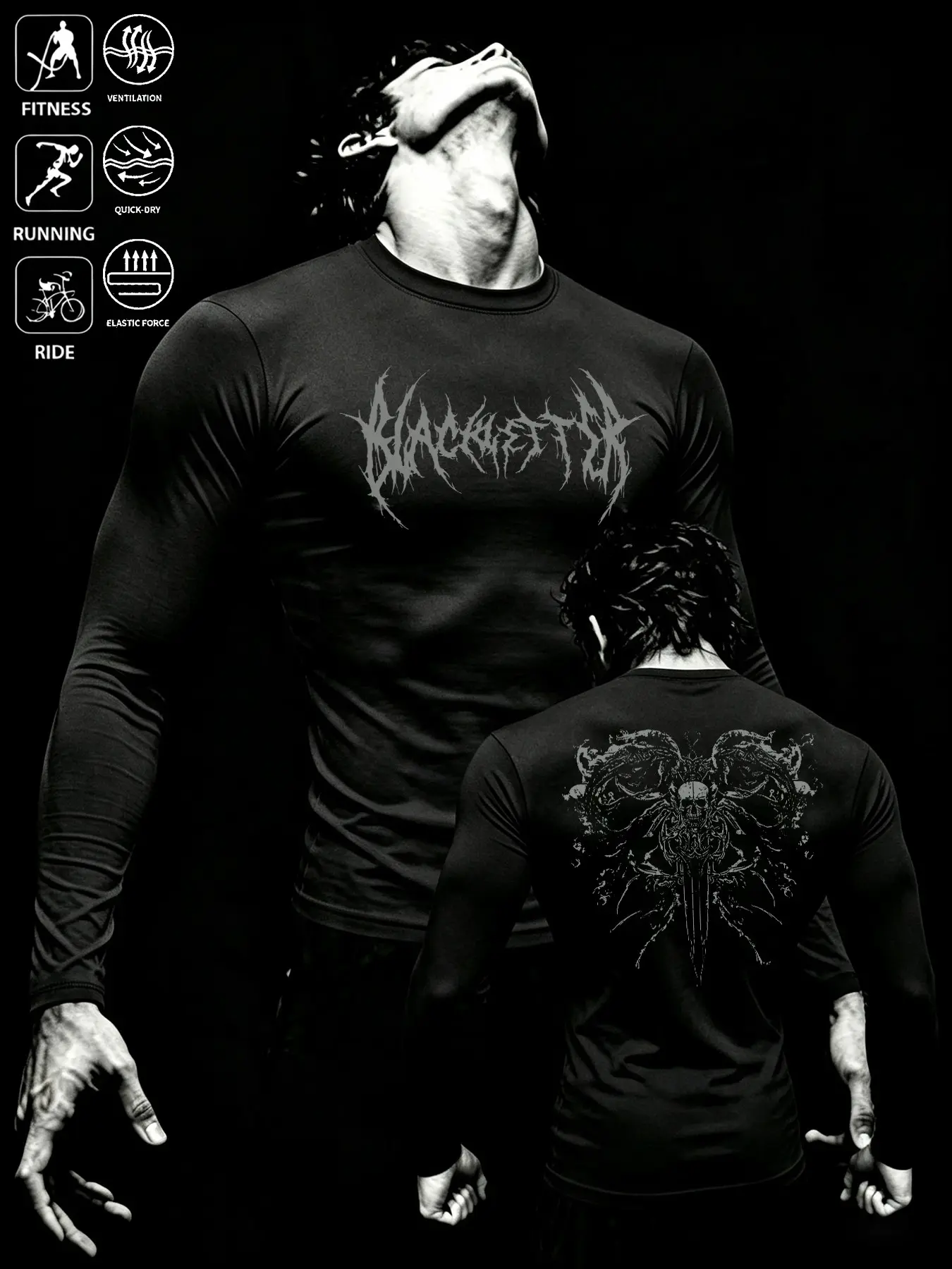 Men’s Dark Metal Print Long Sleeve Top, Quick Dry High-Stretch Functional Athleisure Shirt, Multi-Scene Wear for Gym, Running, Cycling & Light Outdoor Activities, Trendy Street Style All-Day Comfort Muscle Fit Compression Training Tee Gym Wear