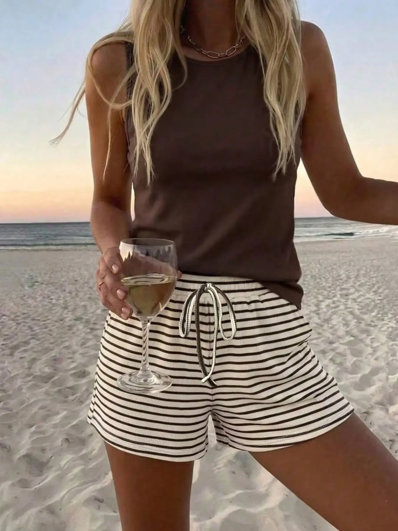 Two-Piece Set: Women Solid Sleeveless Tank Top & Striped Shorts, Camel Round Neck Tank + Drawstring Stripes Adjustable, Casual Vacation Home