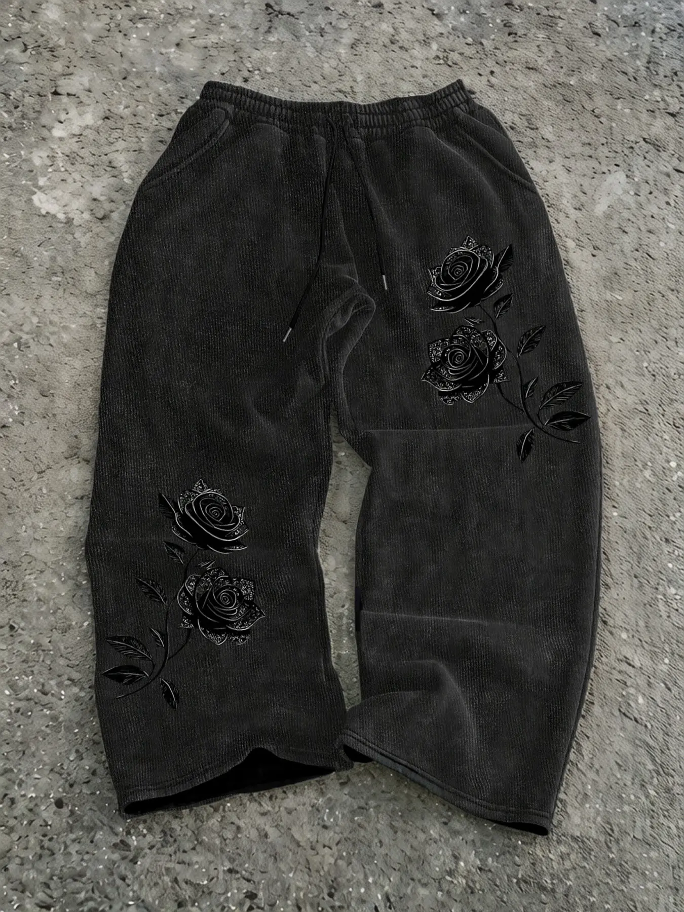 Men's Long Pants, Enhance Your Dark Street Style, Aesthetic Y2K Gothic Rose Print, Casual Fitted Wide Leg Sports Pants, All Seasons