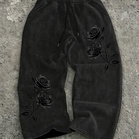 Men's Y2K Gothic Rose Print Long Pants, Casual Wide Leg Pants, All Seasons Wear, Casual Trouser