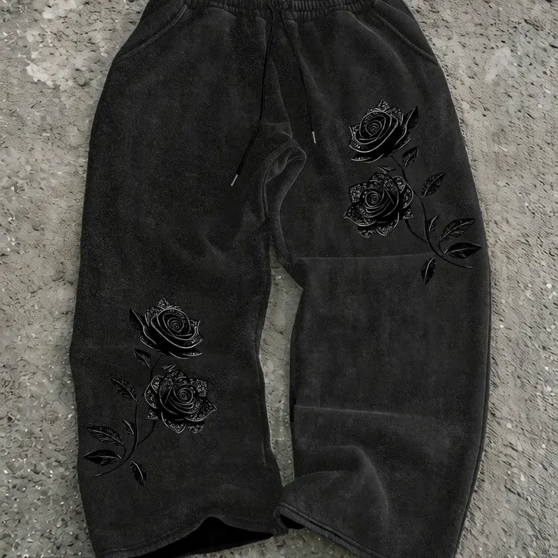 Men's Y2K Gothic Rose Print Long Pants, Casual Wide Leg Pants, All Seasons Wear, Casual Trouser