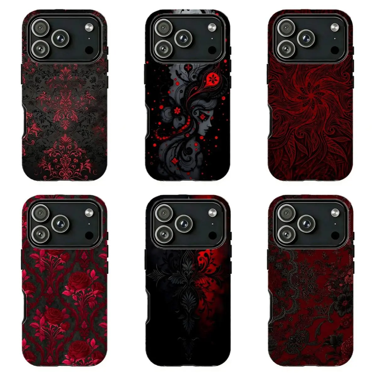 Dark Red Gothic Damask Floral Long-Lasting Protective Phone Case, Moody Vintage Grunge Dark Academia Style , For iPhone 11 12 13 14 15 16 17 Pro Max ,For Samsung S26 S25 S24 S23 S22-Gift For Her/Him/Anime lovers