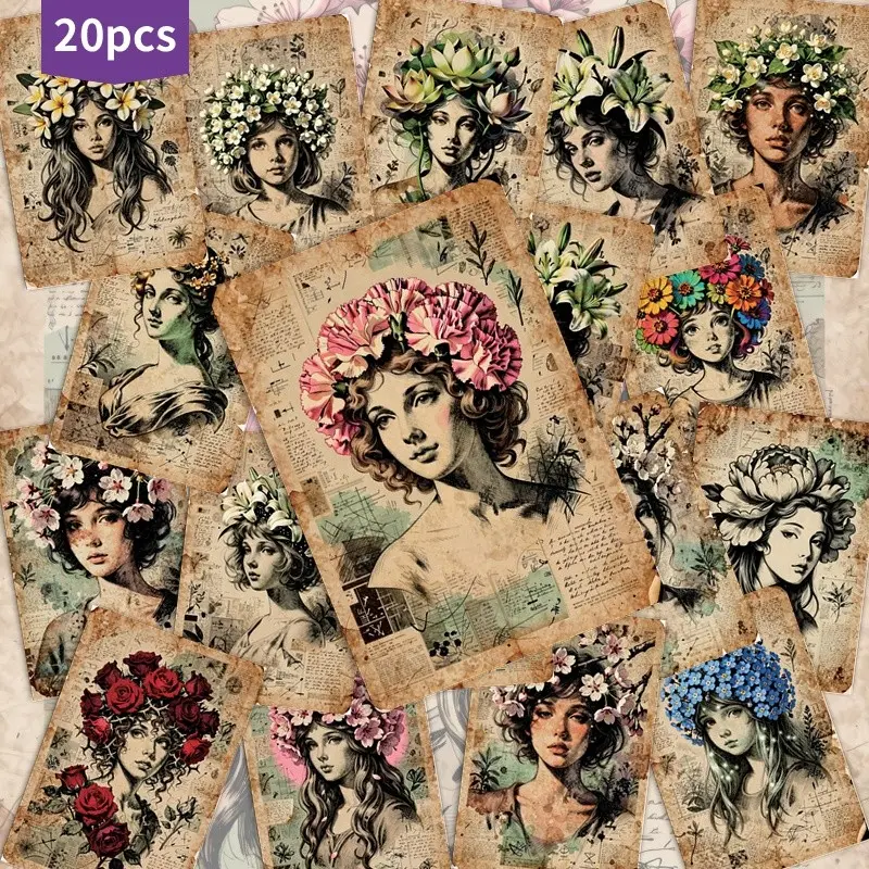 20pcs Vintage Floral Portrait Postcards Retro Art Illustration Set Antique Decorative Greeting Cards Victorian Aesthetic Collage for Scrapbooking Junk Journal Crafting DIY Ephemera Decorative Ephemera