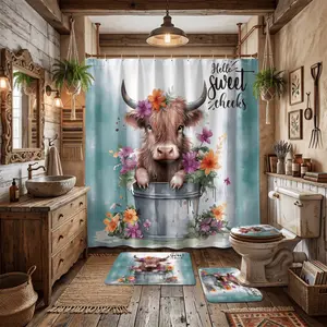 Farmhouse Floral Highland Cow Shower Curtain Set, Boho Style Bathroom Decor, The floor mat fabric is thicker and softer! Watercolor, Mother's Day Gift, Autumn Holiday Decor