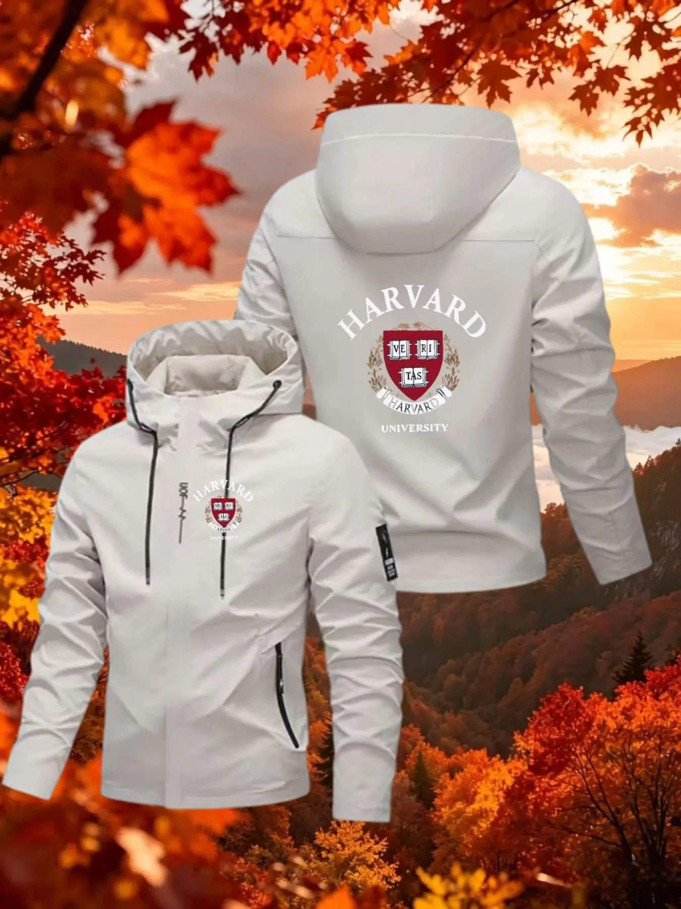 Harvard Logo Print Hooded Jacket for Men, Outdoor Windproof Casual Slim-Fit Sports Coat, All Seasons Fashionable Outerwear