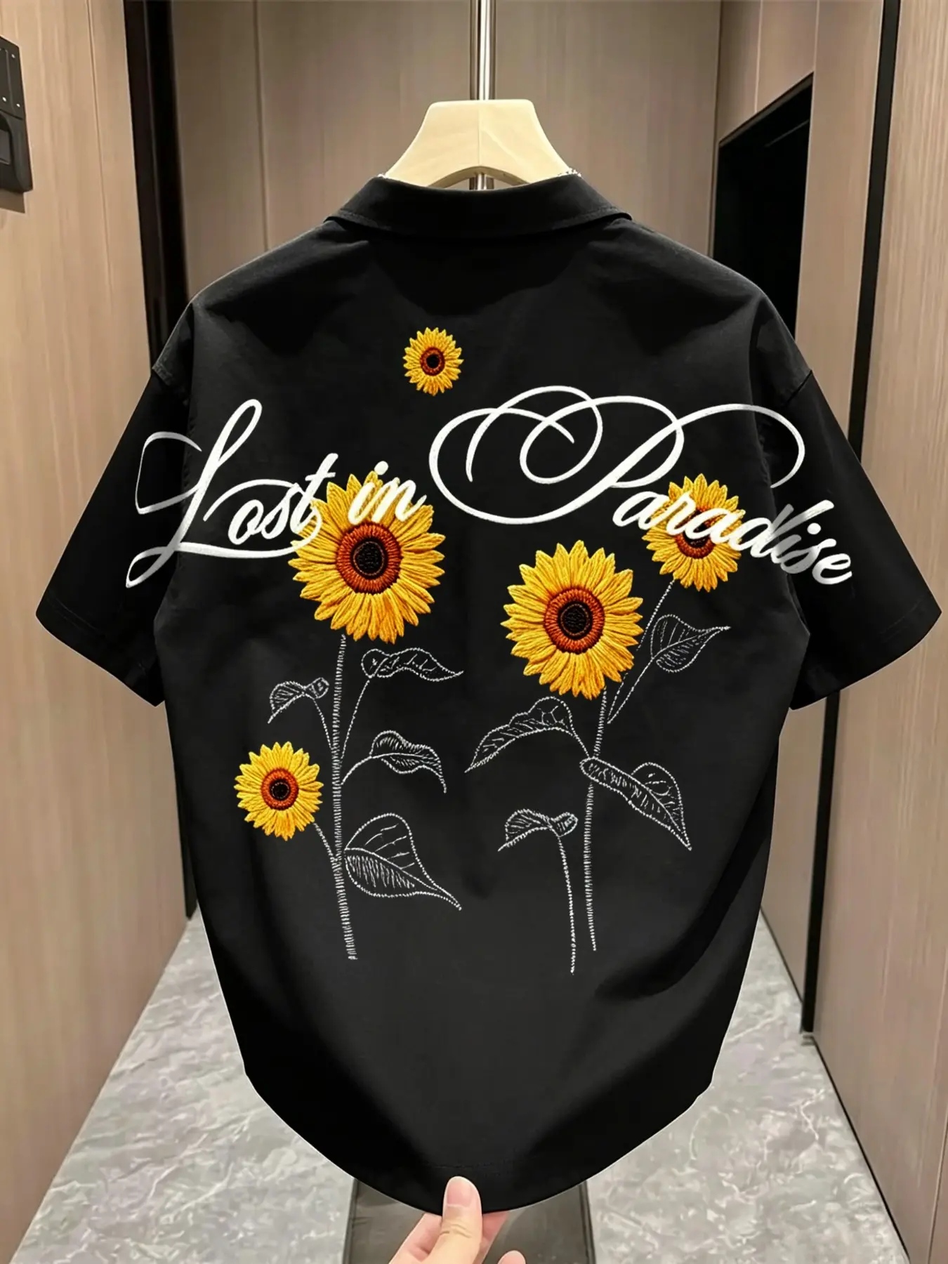 Men's Sunflower Embroidered Blouse, Casual Loose-Fit Short Sleeve Shirt, Summer Trendy Open Front Top, American Vintage Style