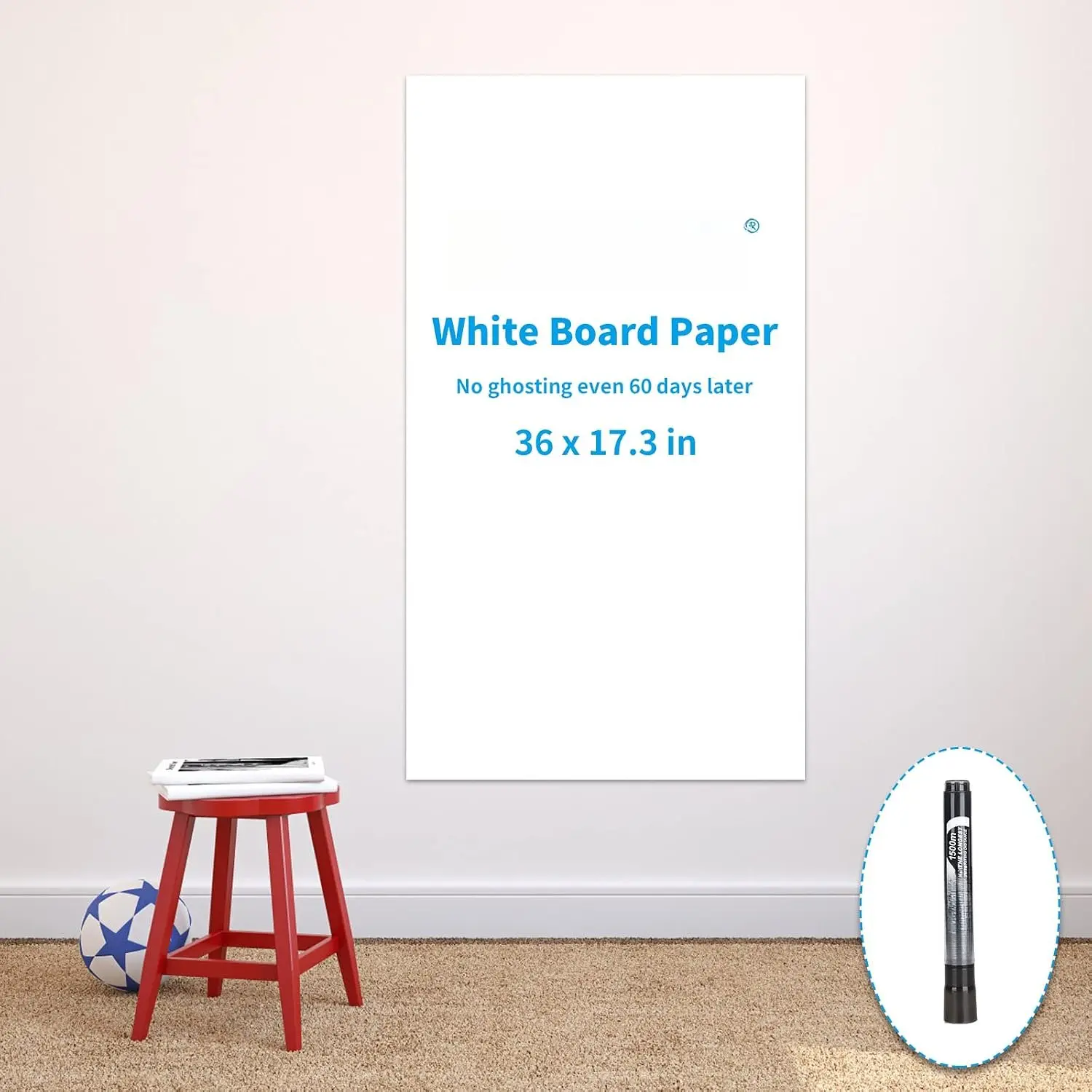 Whiteboard Sticker, 17.3" x 36" Dry Erase Wallpaper, Peel and Stick White Board for Wall, Stain-Proof Whiteboard Contact Paper Roll, Dry Erase Board Stick  for Office/Classroom, 1 Marker WS40