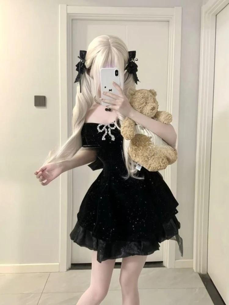 Black French Vintage One Piece Dress Woman Gothic Off Shoulder Bow Retro Mini Dress Female Fairy Birthday Party Chic Outfit 2026