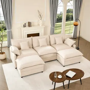 [2 Packages Shipping]GOSUHI 108" U-Shaped Modular Sectional Sofa - Comfy Cloud 3-Seater with 2 Movable Ottoman, Cloud Sofa,Deep Seat Linen Couch for Living Room, Beige Color ,Comfort & Stylish Design,Chenille pink
