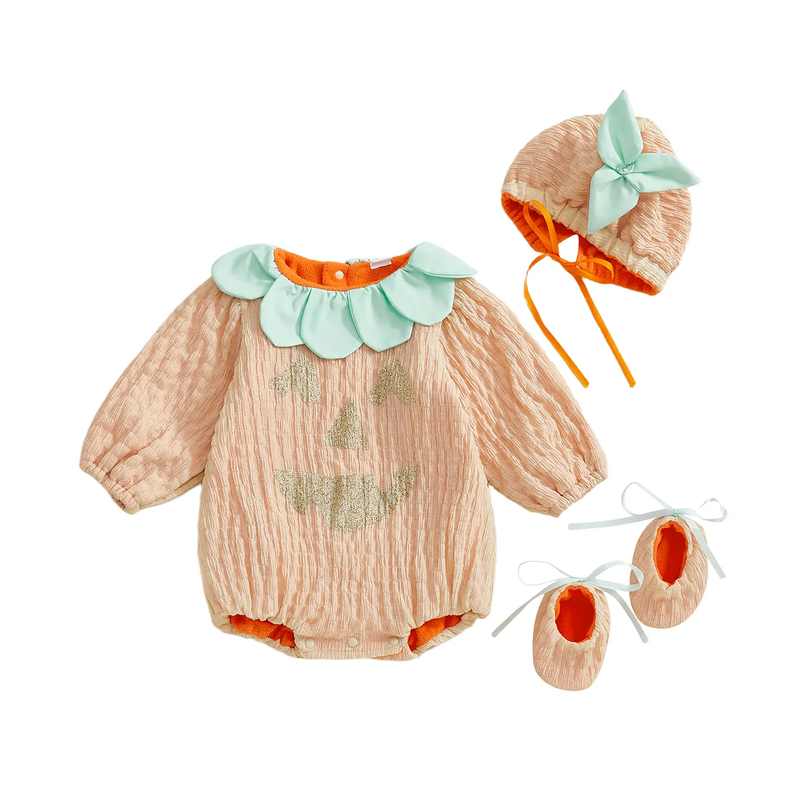 Baby Pumpkin Halloween Outfit Boy Girl Long Sleeve Romper Bodysuit with Hat and Socks 3pcs Set