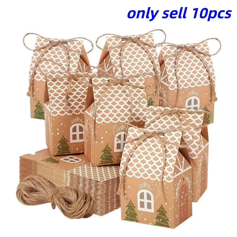 10 Pcs Christmas House Kraft Candy Boxes, Cookie Boxes, Dessert Boxes, Gift Packaging, Perfect for Small Cookies, Candies, Items, Holiday Gifts