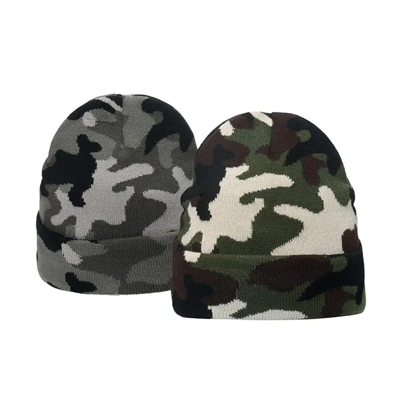 Men's Winter Beanie Hat, Warm Knitted Camo Beanie, Jacquard Knit Ski Hat for Men, Stretchy Cold Weather Hat for Outdoor Sports, Hiking, Camping, Running and Everyday Casual Wear