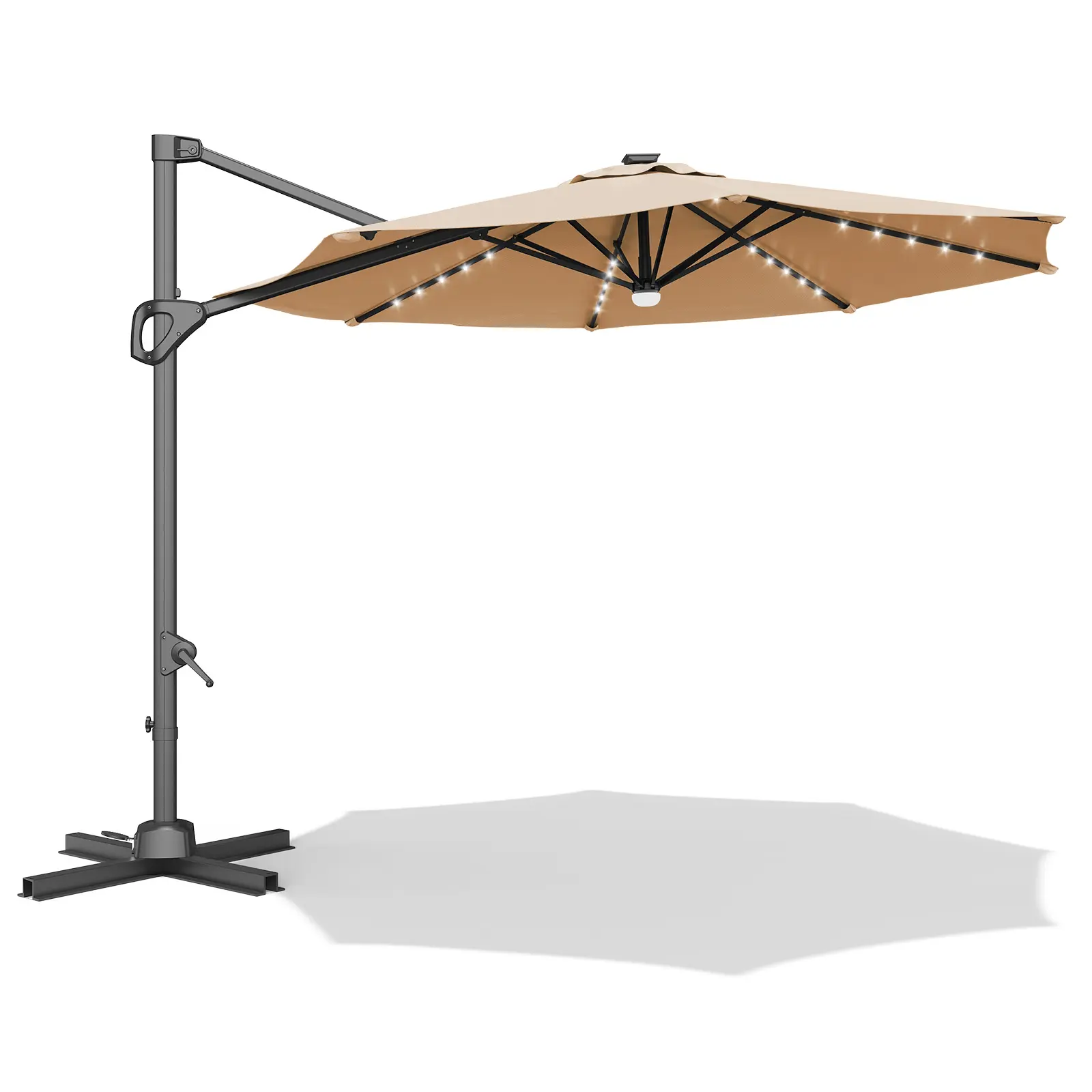 10 FT Solar Offset Cantilever Patio Umbrella with Weighted Base - Large Outdoor Hanging Market Umbrella with 360 Degree Rotation & LED Lights - Heavy Duty Sun Shade for Pool, Deck & Backyard windproof design adjustable high quality ab 6-sided