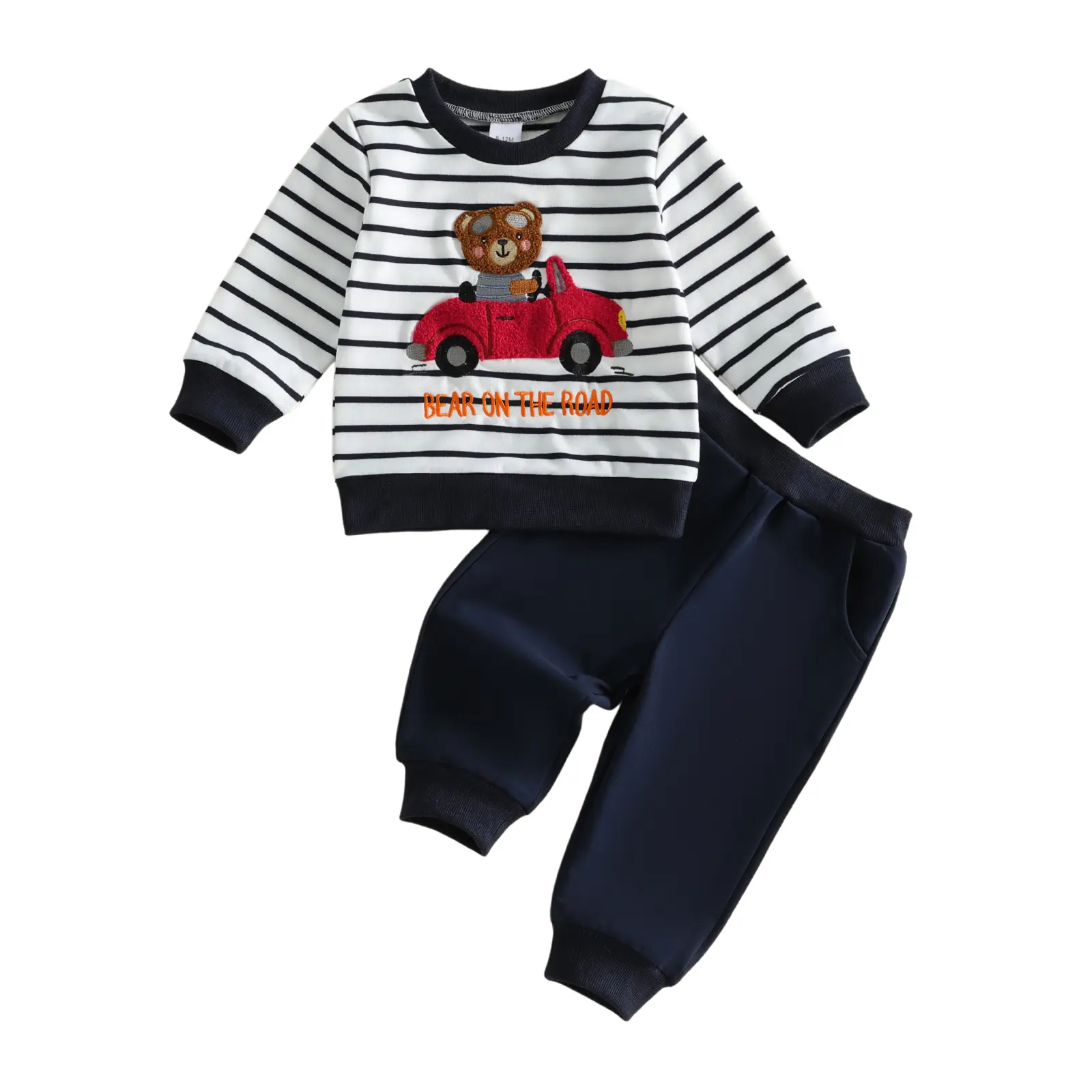 Toddler Boys' 2-Piece Fall Winter Clothing Set - Stripe Print, Bear Embroidery, Long Sleeve Cotton Blend Sweatshirt & 1 x Jogger Pants, Toddler Style, 1-5 Years
