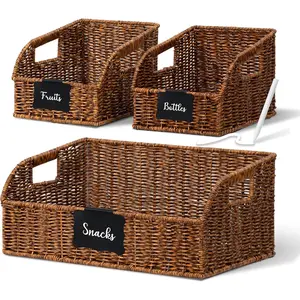 Brownlily Wicker Pantry Storage Baskets with Chalkboard,Handwoven Baskets for Organizing with Built-in Handles, All-Purpose Storage Baskets for Shelves, Laundry Room, Brown - Single Set (3-Piece)