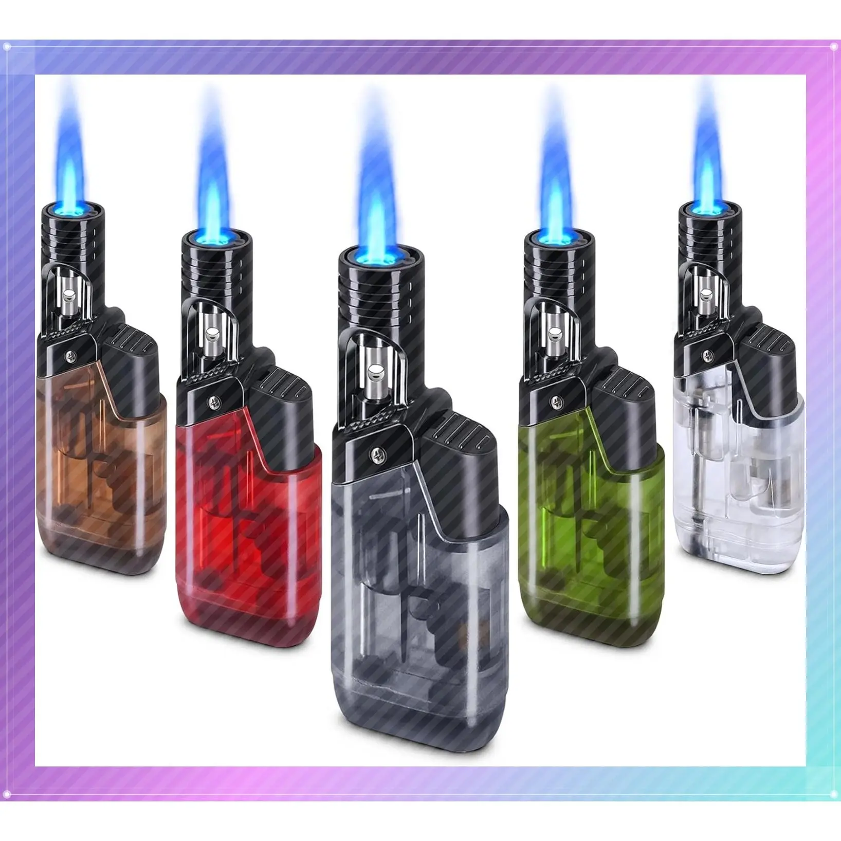5 Pack Mini Refillable Butane Torch Lighters - Long Wand Pocket Lighter, Windproof Jet Flame, Multi-Purpose for Candle, Camping, BBQ Grill (No Fuel), Assorted ColorsGift