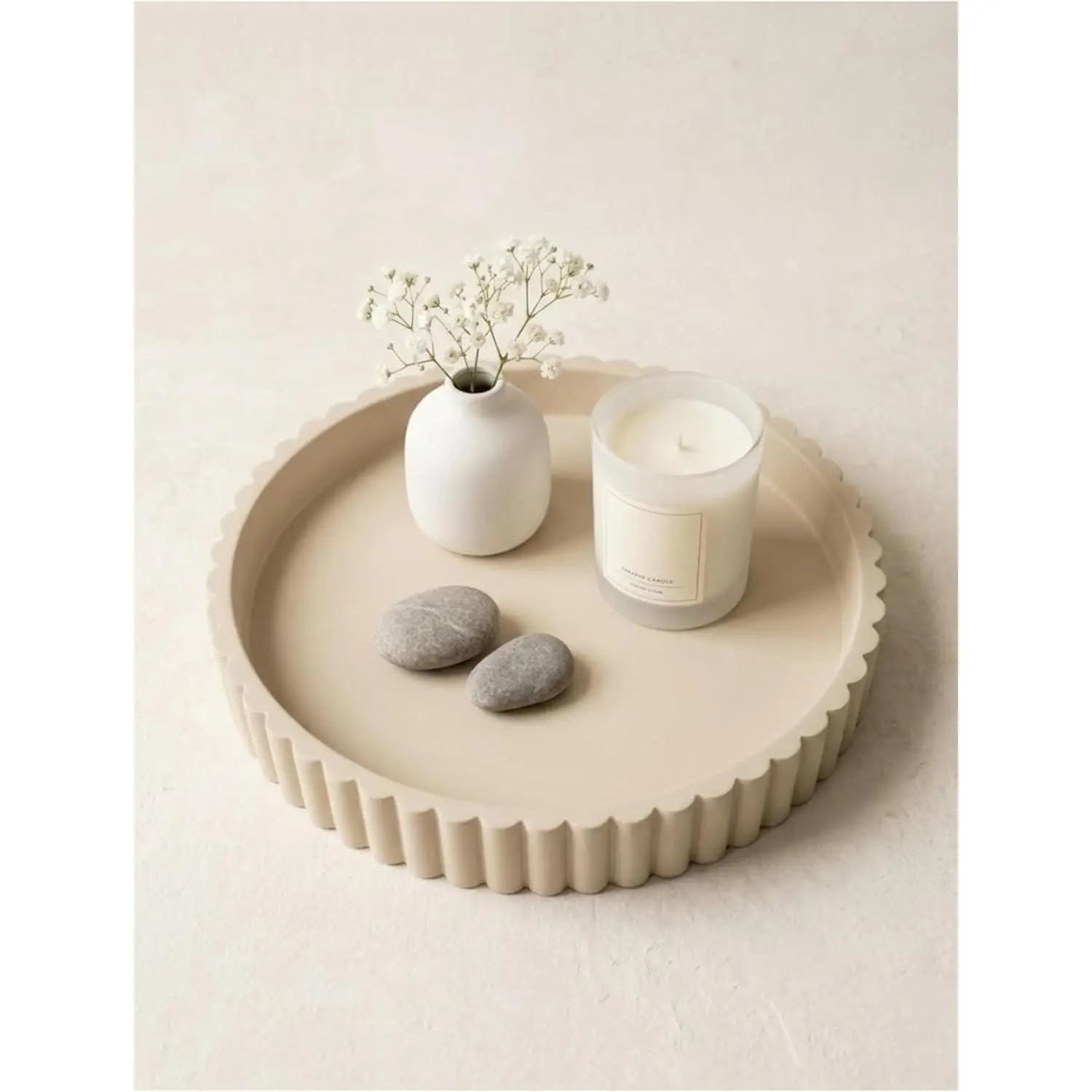 Modern 11-Inch Round Beige Concrete Tray, Stylish Decorative Centerpiece for Coffee Table or Kitchen Island, Moisture-Resistant
