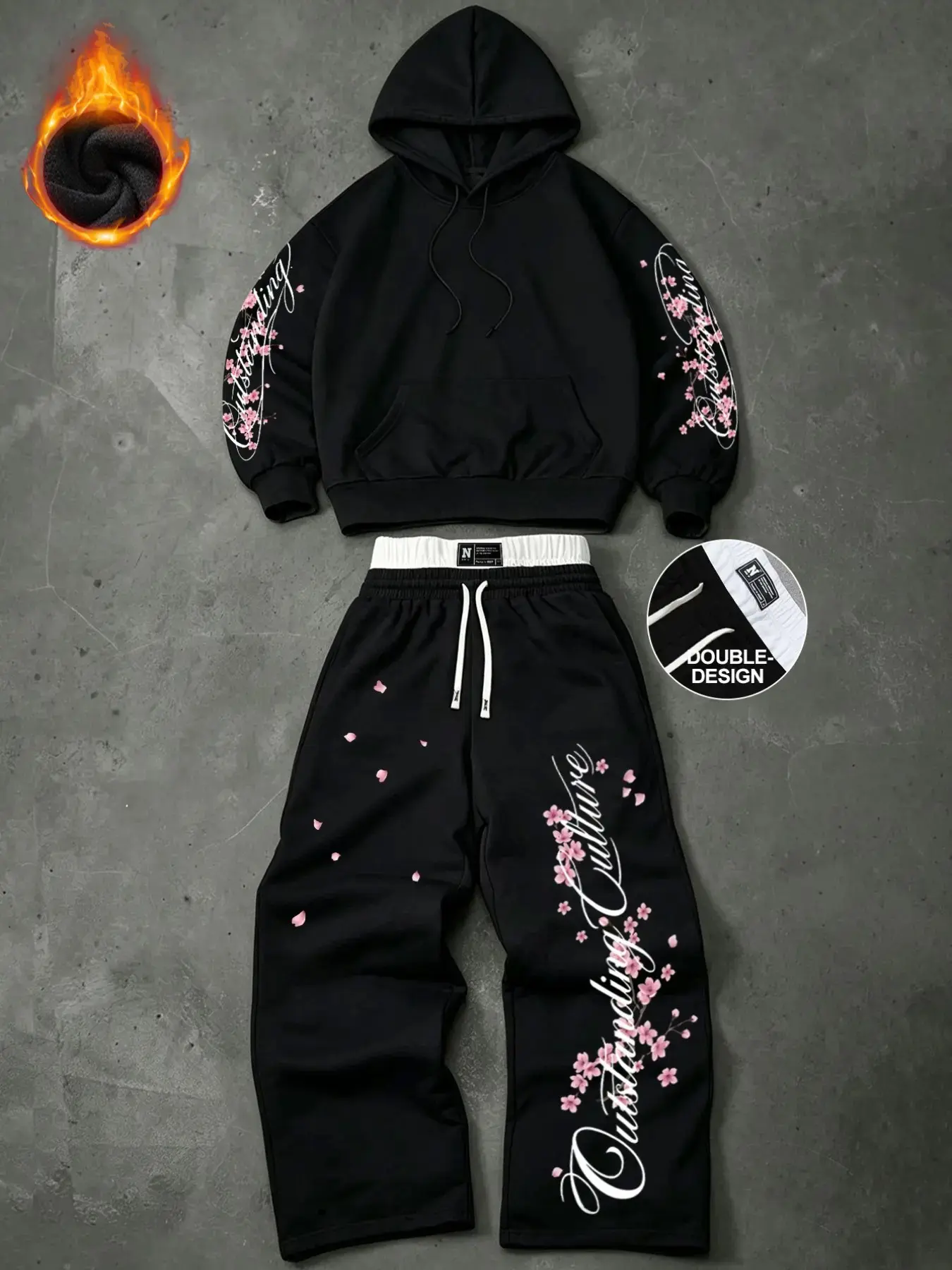 Men's Thick Fleece Sport Set, Hoodie + Wide Leg Pants, Cherry Blossom Print, Two-Piece Warm Streetwear, Fall & Winter
