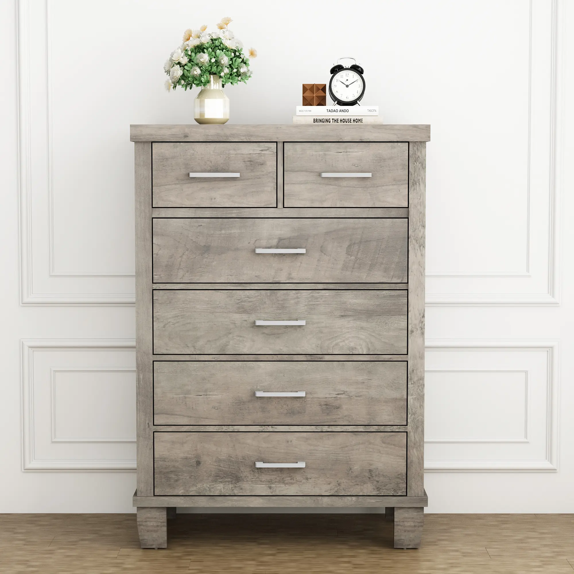 6-Drawer Dresser – Tall Wooden Chest with Metal Handles, Vintage Farmhouse Storage for Closet, Bedroom, Living Room, Hallway, Nursery, Kids Room – White/Grey