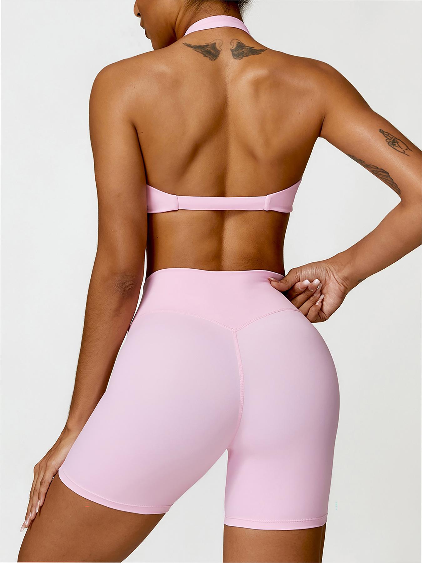 2 Counts Women's Solid Twist Ruched Backless Halter Crop Top & High Waist Short Leggings Tracksuit Set, Sporty Outfits Activewear Fitness for Yoga Gym Workout Running, Sports Quick Drying Set, Ladies Sportswear for All Seasons, Two Piece Sets Tracksuits