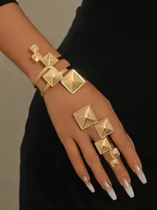 Punk Geometric Bracelet & Ring Set for Women, Adjustable, Asymmetrical, Statement Jewelry, Stackable, Layering