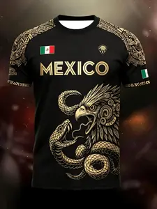 Mexican Theme Cultural Memorial T-Shirt, Aztec Eagle Serpent Totem Short Sleeve, Men's Breathable Casual Top, Slim-Fitting, All over Print