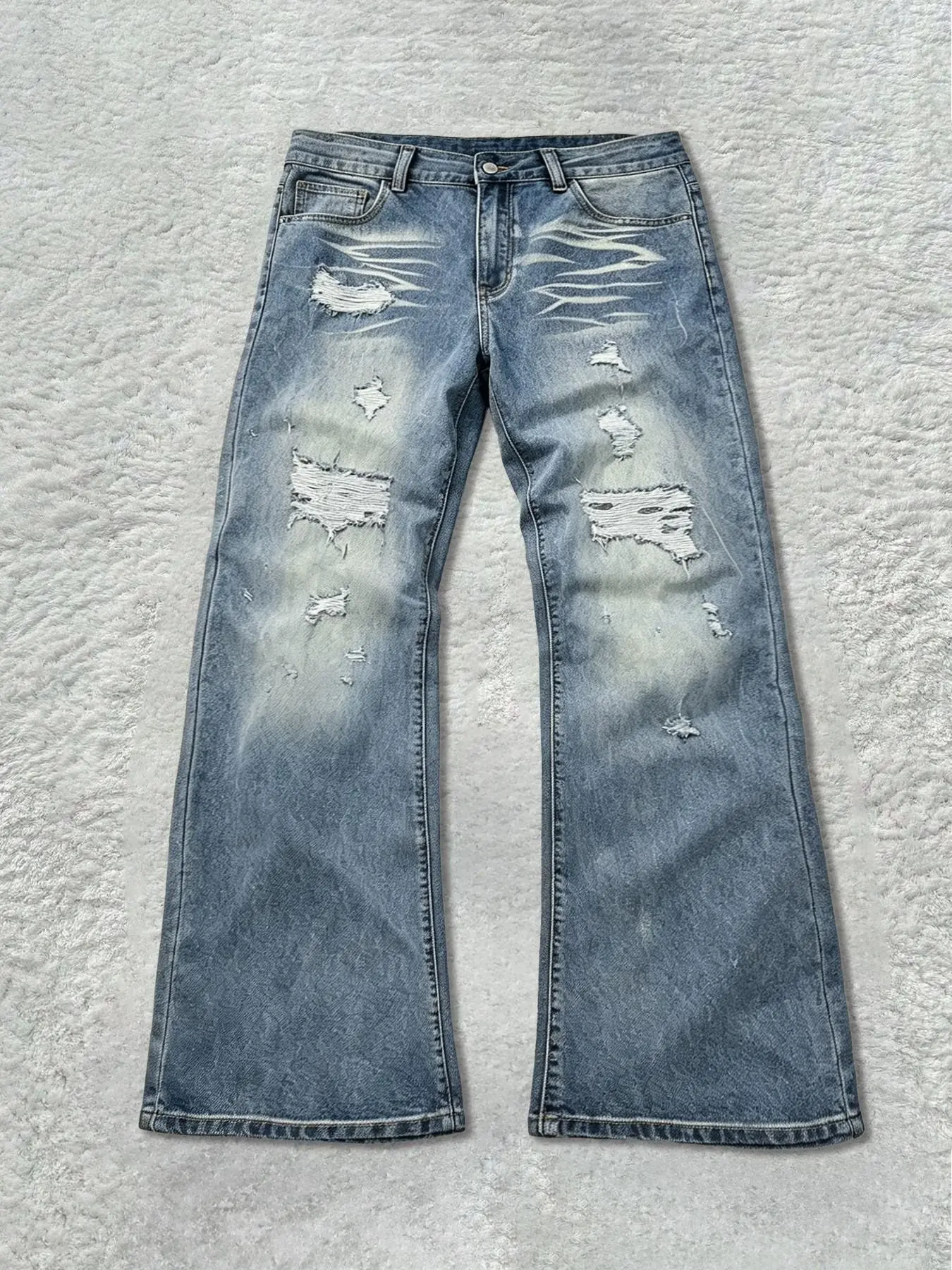 Vintage Light Wash Men's Micro Flare Jeans, Large Ripped Hole Distressed Style, Y2K Hip Hop Long Pants, Trendy Denim Fashion