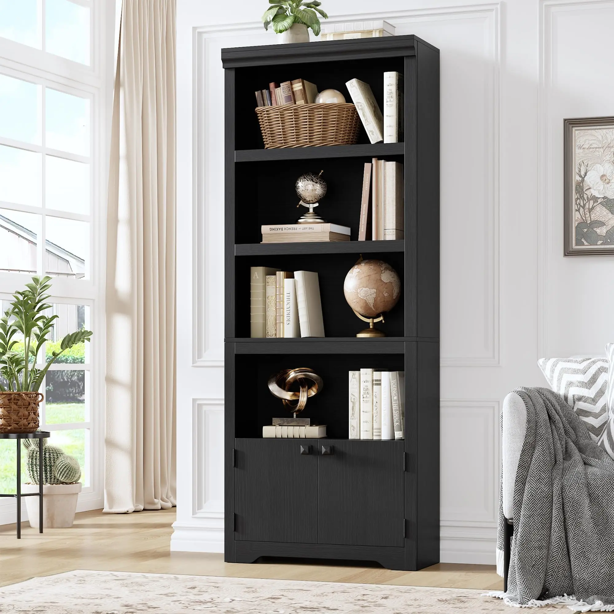 Modern 5-Tier Bookcase with 2 Doors – Adjustable Shelves, Anti-Slip Open Storage Cabinet – 69'' Tall Home Office File Organizer, Living Room, Study, Library, Balcony
