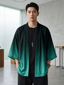 Men's Summer Gradient Kimono Casual Shirt, Loose Fit Oversized Three-Quarter Sleeve Open Front Top, Sun Protection Beachwear, Essential for Commute & Dates