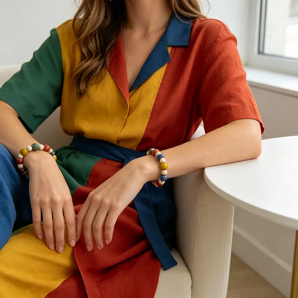 Women's Vintage Multicolor High-Temperature Glazed Porcelain Beaded Stretch Bangle, Handmade Boho Stackable Adjustable Size Bracelet, Casual Wear Lucky Gift Jewelry