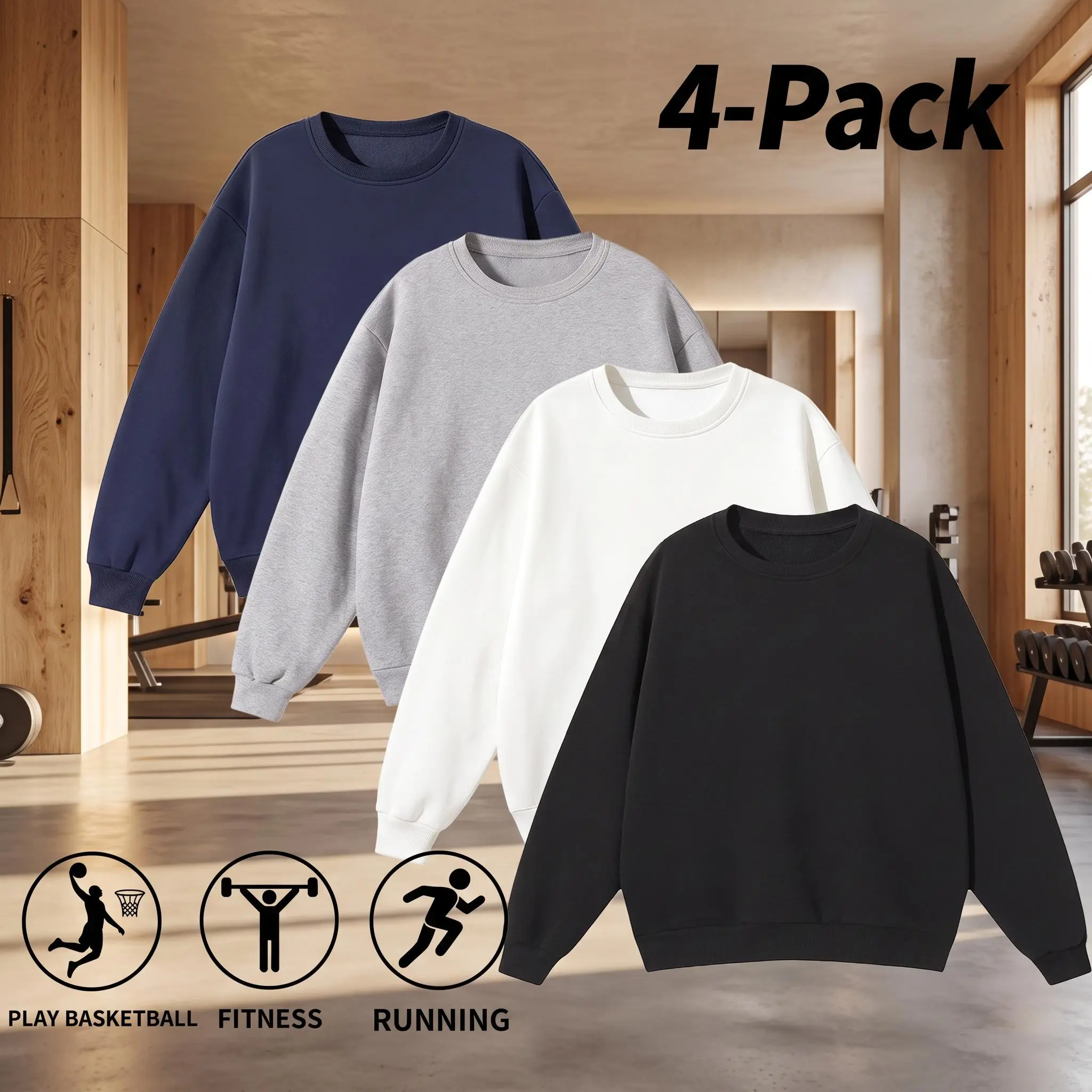 4-Pack Men's Solid Crewneck Pullover Sweatshirt with a Relaxed Fit and Clean Design, Built as Everyday Men's Wear for Casual Comfort and Versatile Styling.