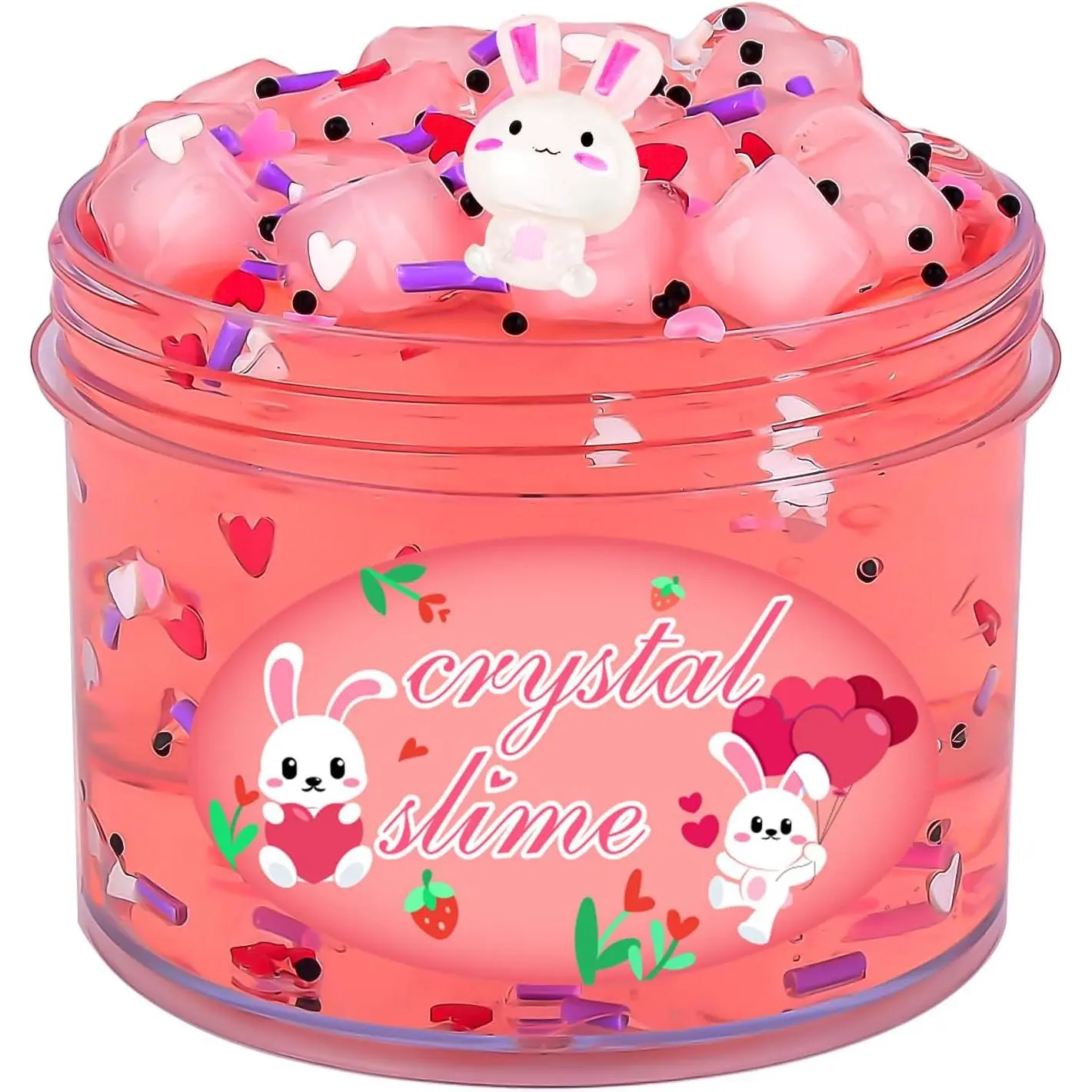 Prefilled Rabbit Jelly Cube Clear Crystal Slime Pack, Stretchy Non Sticky, Pink Bunny Slime with Heart Add-ins, Kids Party Favors, Classroom Rewards, Fidget Toy
