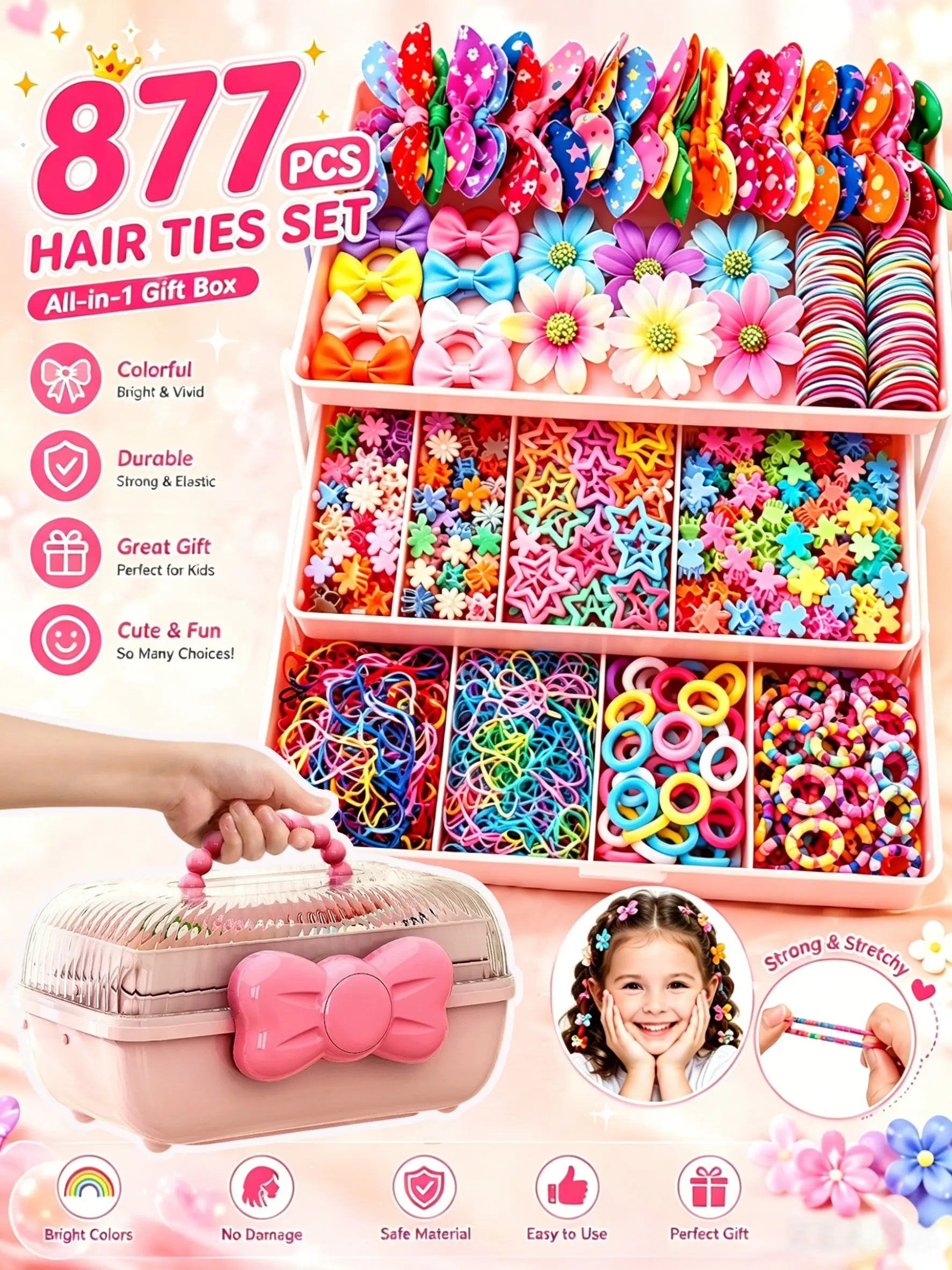877 pieces/set rainbow hair accessory set, comes with a three-layer storage box, includes hair-friendly disposable elastics, bow hair ties, flower and star hair clips, a complete hair accessory gift box for little girls, perfect gift