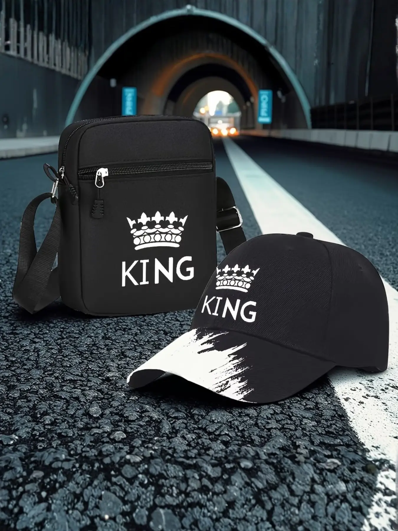 2pcs King Letter Print Baseball Caps and Crossbody Bag Set, Adjustable Street Fashion Outdoor Sports Accessories, Perfect for Daily Wear and Gifts