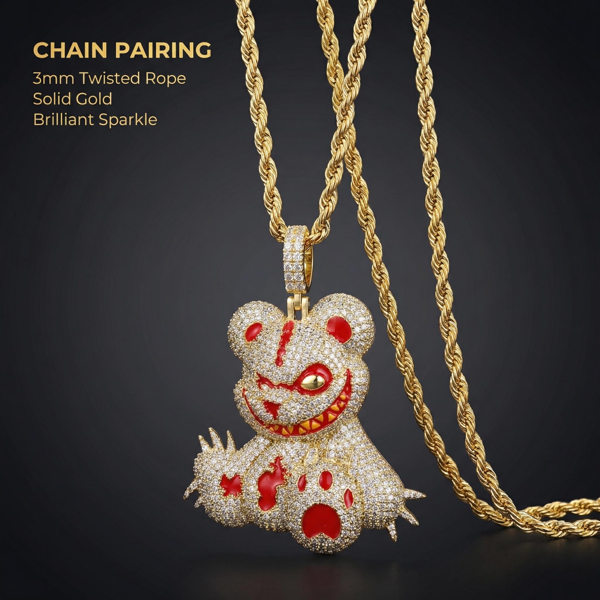 Iced Out Evil Teddy Bear Pendant Necklace, Savage Bloody Bear Mascot CZ Hip Hop Jewelry, Edgy Y2K Street Luxury Drip with Rope Chain