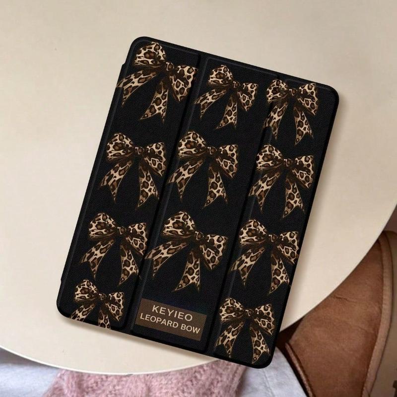 Leopard Print Bow-Tie Trifold iPad Case, Built-in Pencil Slot Auto Sleep/Wake, Anti-Slip Shockproof Durable Flip Stand, Multi-Option, Compatible with iPad 10th/11th Gen/10.2"/Pro 11" 2021/2020 & Galaxy Tab S9 FE+ 12.4", Unisex New Year Gift