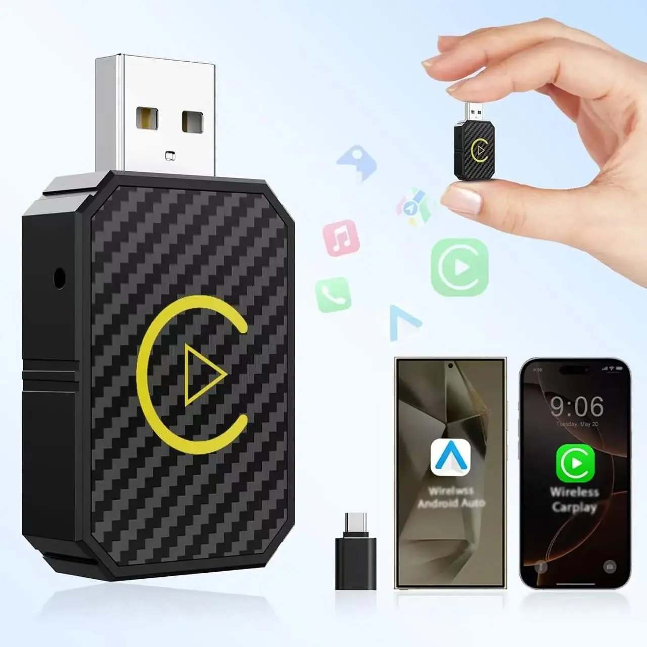 Apple 2-In-1 Wireless Carplay Adapter for iPhone & Android, Compact Bluetooth-compatible Dongle, Convert Wired to Wireless Connection, Car Accessory
