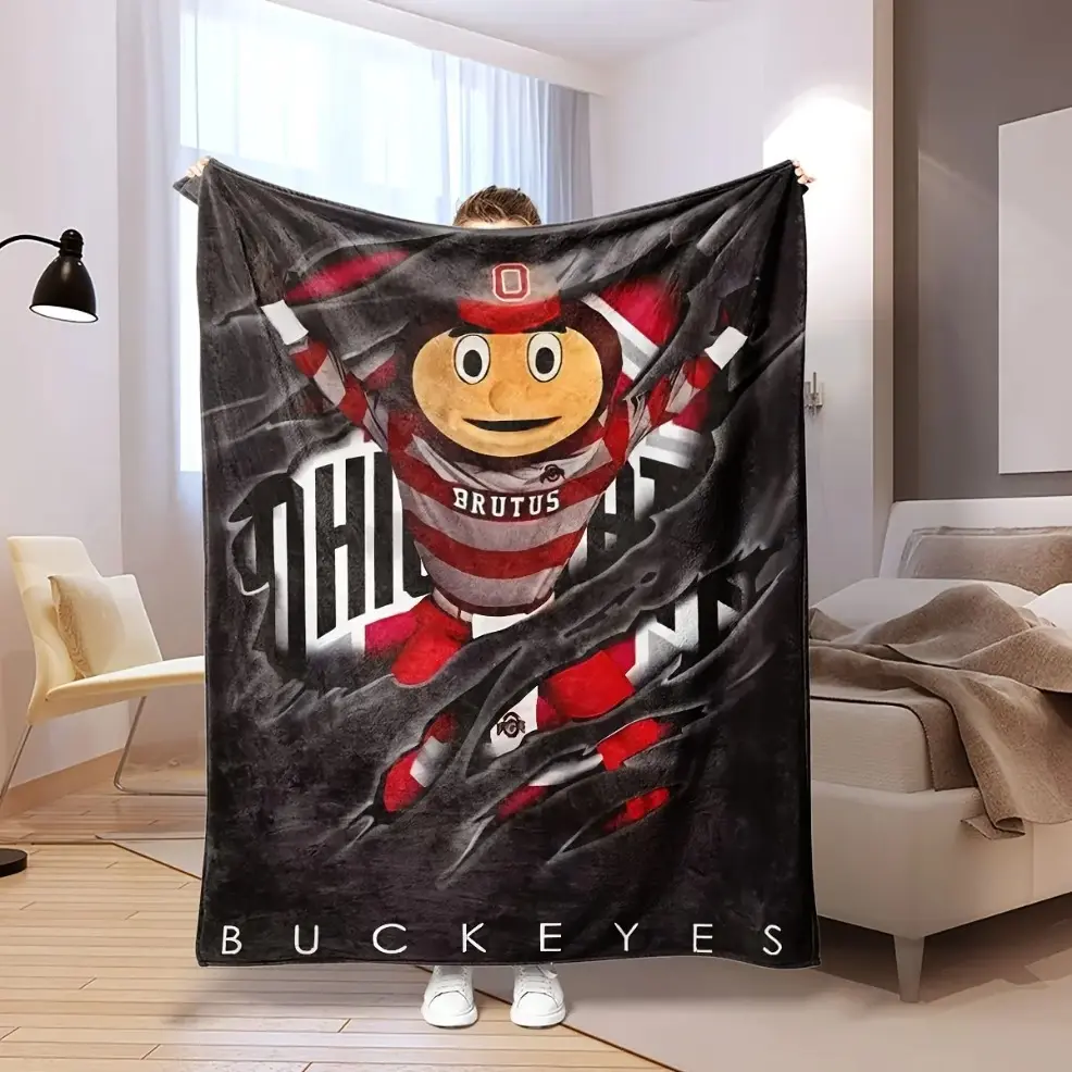 Ohio State University Potato Team Warm Fleece Throw Blanket for Adult & Baby, Black Blanket with Red Accents, Clear Team Mascot & Sports Logo Print, Soft Polyester Fiber Decor Blanket for Bed Sofa Stadium Camping Holiday Fan Gift birthday gift
