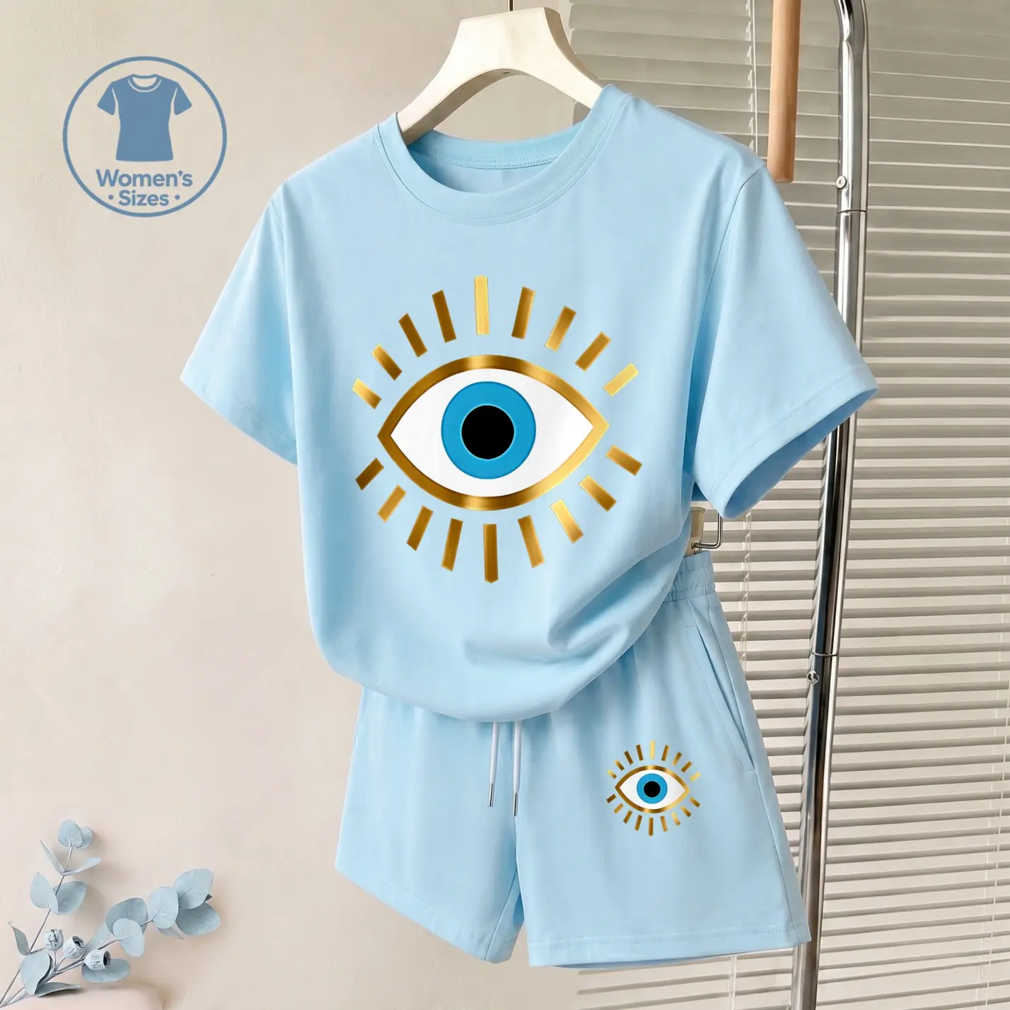 Women’s Casual Two Piece Shorts Set, Short Sleeve T Shirt and Drawstring Shorts Outfit, Lucky Eye Graphic Print Lounge Set for Vacation, Cruise, Beach, Travel and Daily Summer Wear