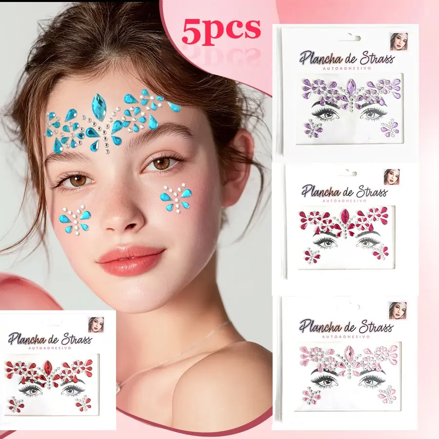 5pcs Self-Adhesive Face Rhinestone Stickers, EDM Festival Party Forehead Crystal Eye Gems, Halloween Cosplay Stage Makeup Decor Stickers