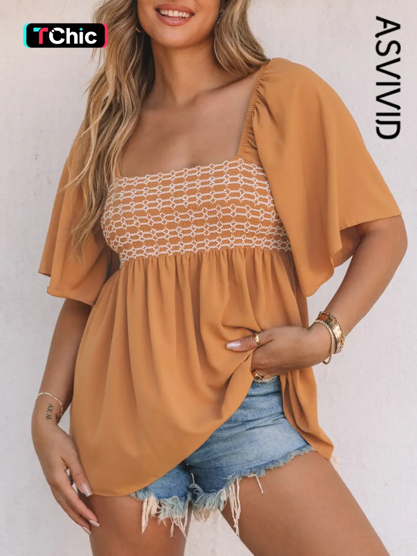 Women's Casual Elegant Solid Color Square Neck Smocked Front Wide Sleeve Flowy Short Sleeve Lightweight Blouse for Summer, Womenswear