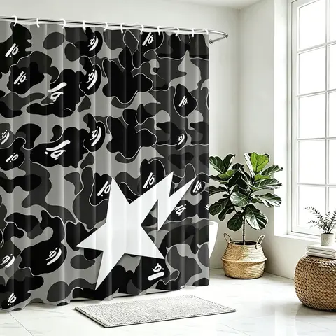 Black and Gray Camo Shower Curtain with Star and Lightning Prints, Streetwear-Inspired Bathroom Decor, Waterproof, Mold-Resistant and Quick-Drying Fabric, with 12 Plastic Hooks and Rustproof Metal Grommets, 72 x 72 Inches, Decorative Shower Curtain