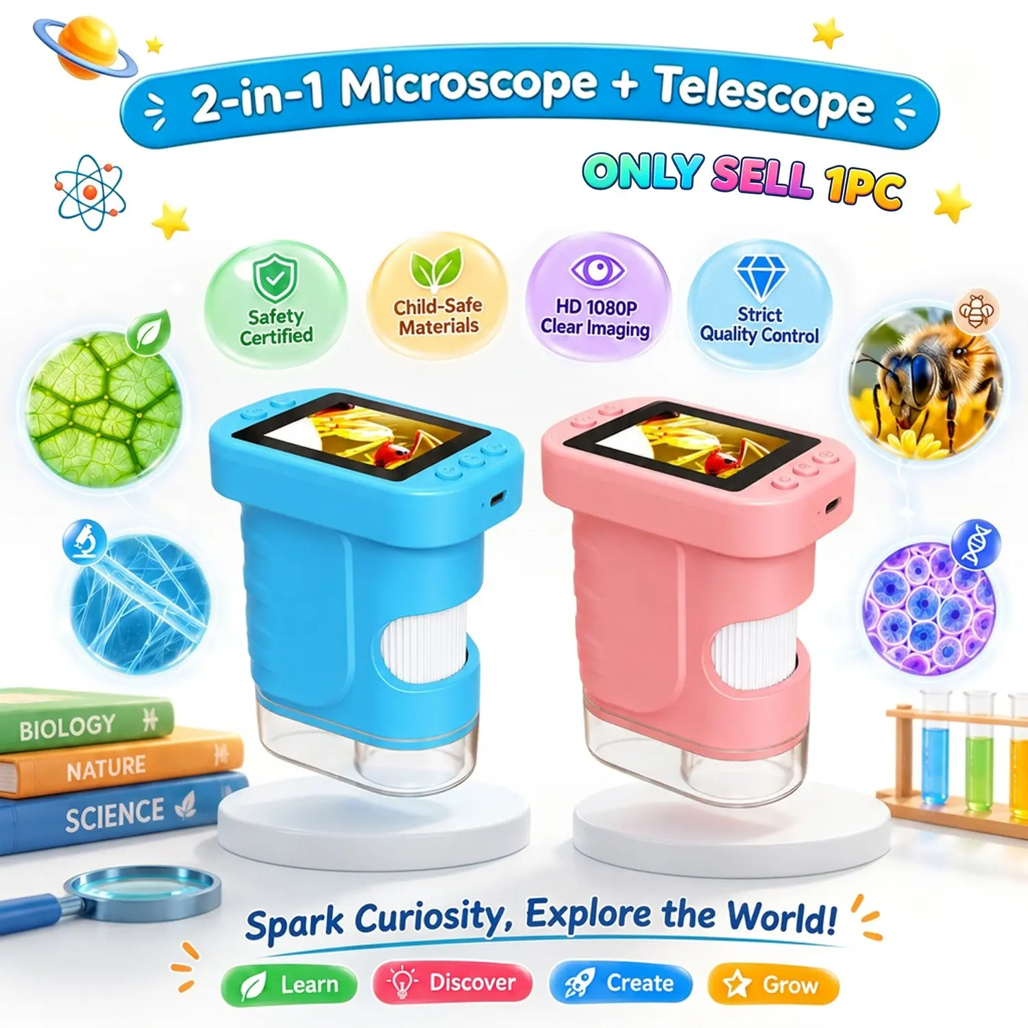 1000X Handheld Digital Microscope for Kids: Pocket Microscope with 2.4" IPS Screen - Rechargeable STEM Toys Birthday Gifts for Girls Boys Child - Portable Edu Science Kits Age 3-6 6-12