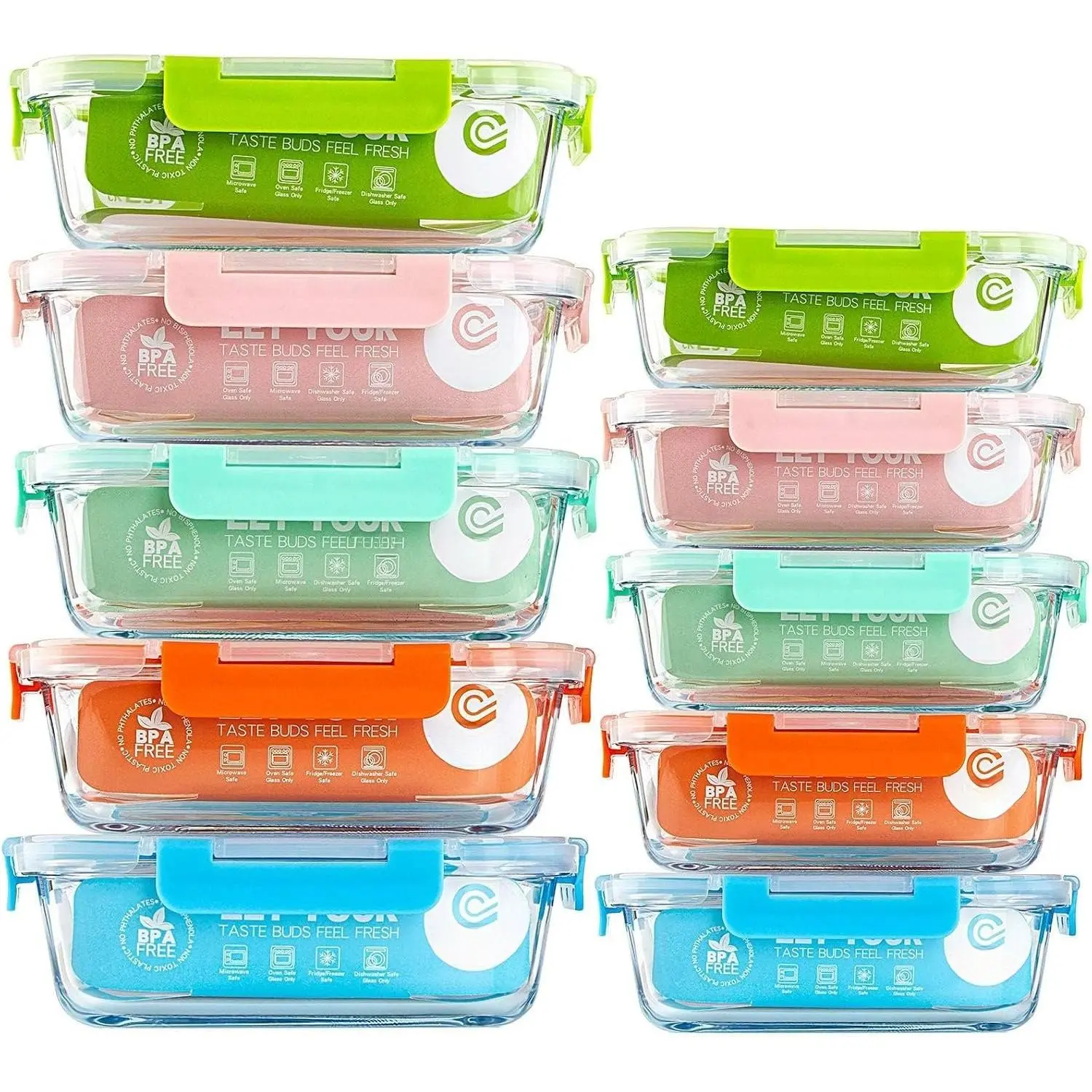 [10-Pak Glass  Storage ontainers (A Set of Five olors), Meal Prep ontainers with  for Kithen,  Use - Airtight Glass Lunh Boxes