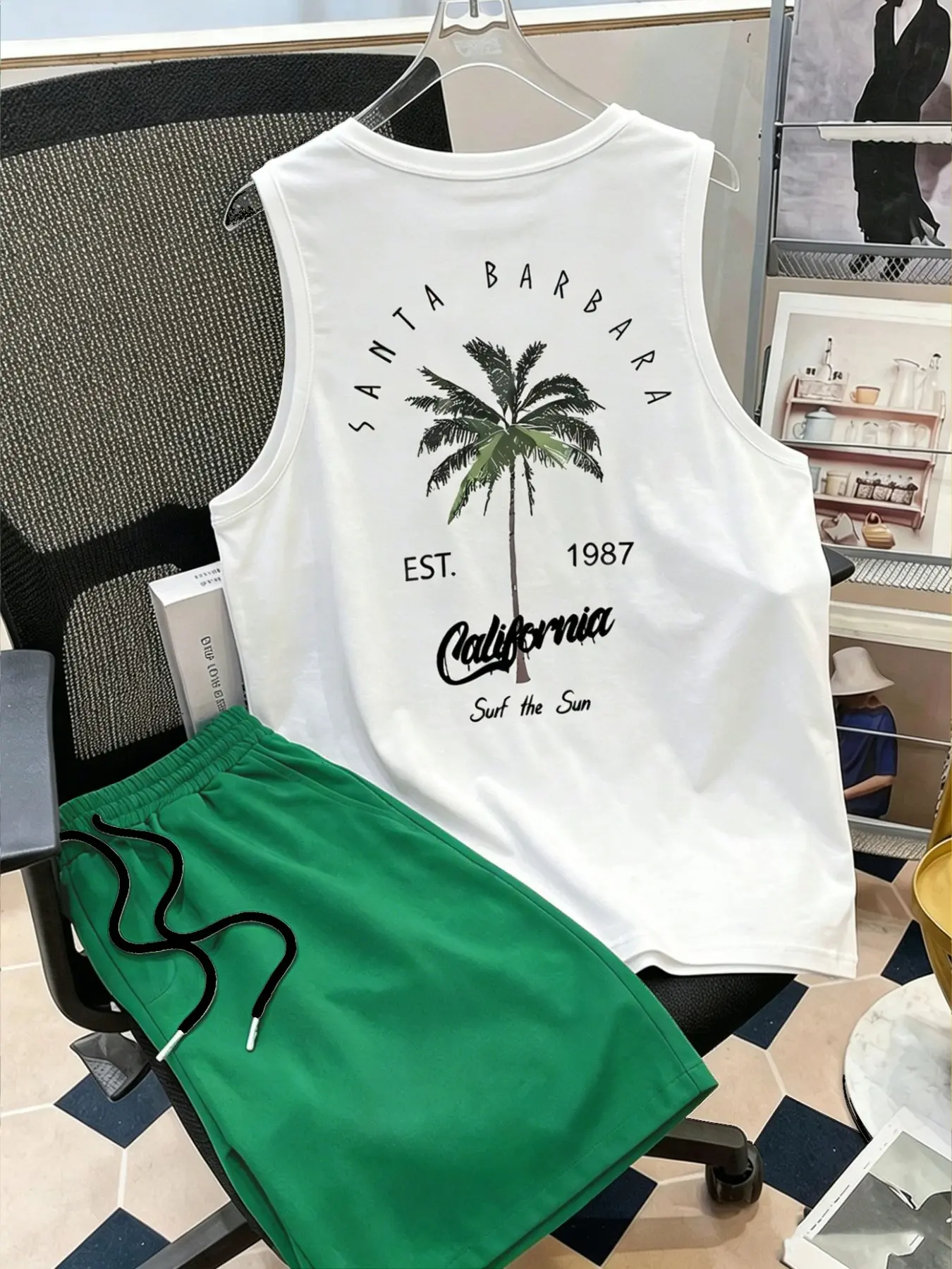 Tank Top with Large California Palm Pattern, Subtle Chest Print, Elastic Waist Shorts, Breathable Fabric, Comfortable Fit