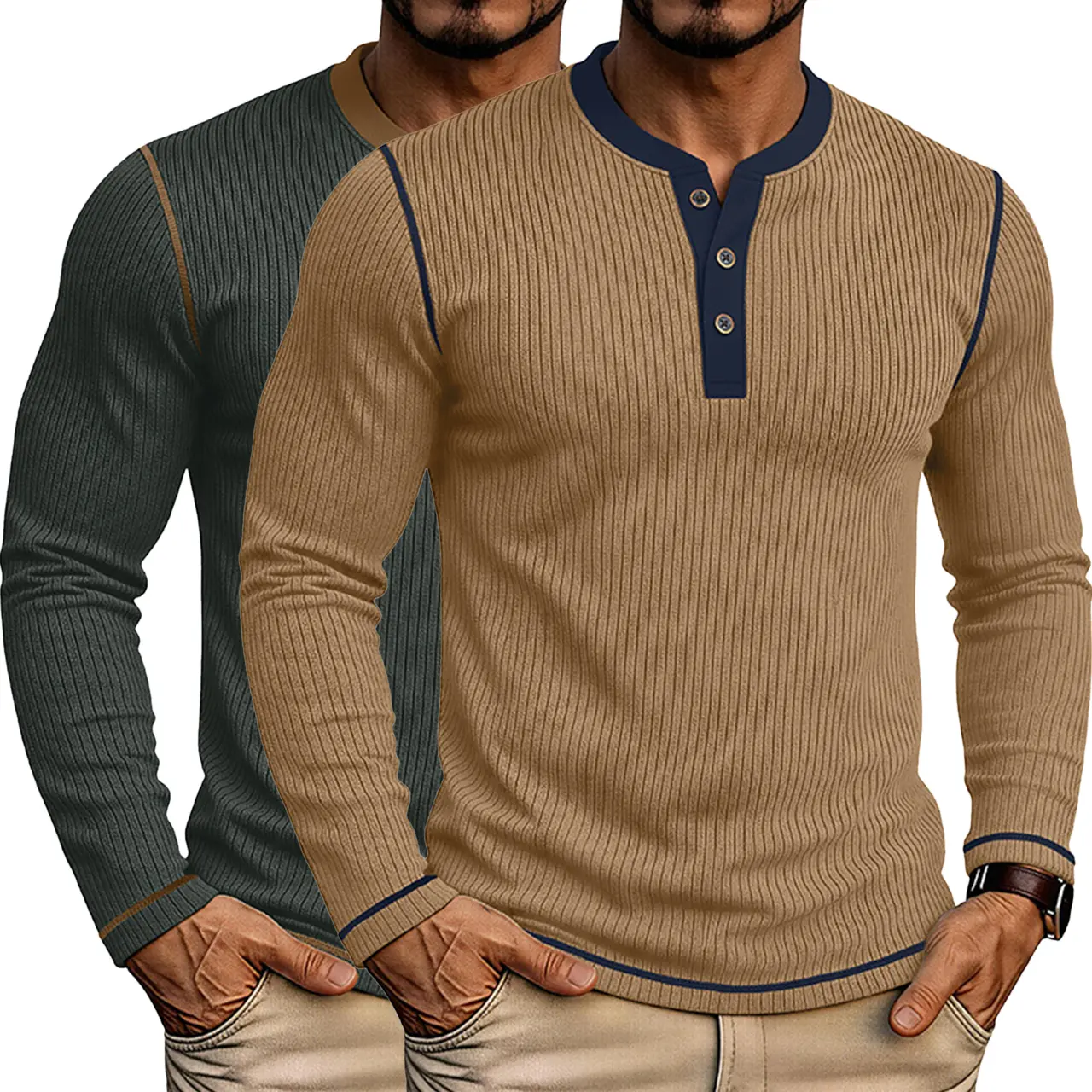 Men's Plain Long Sleeve Henley Top, Casual Button Placket Shirt for Streetwear Layering, 1 or 2 Pack, Menswear, Tops, Everyday Wear, Henley Neck