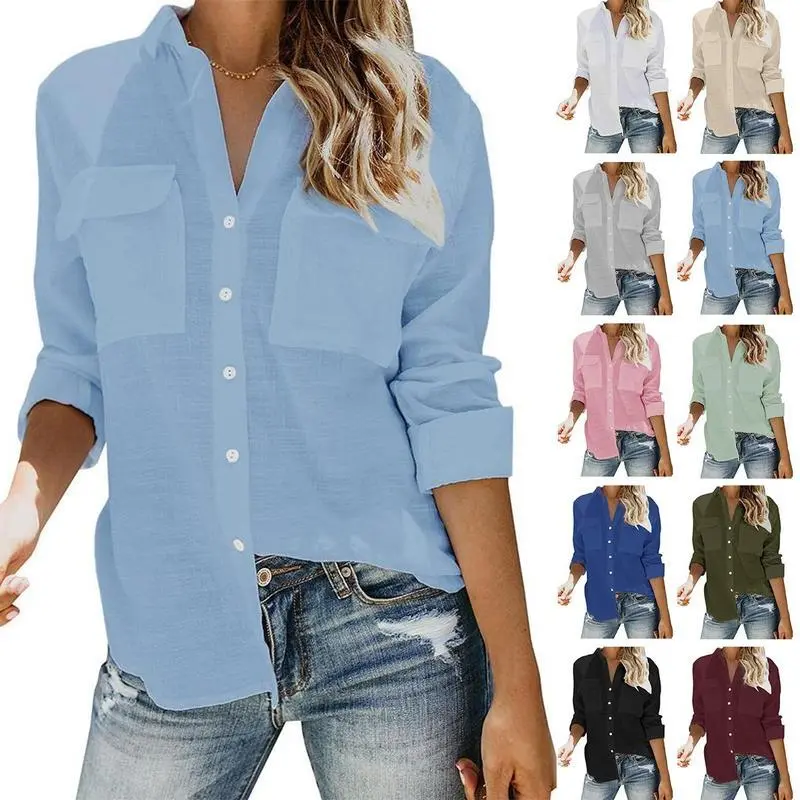 Women's Casual V-Neck Collared Button-Down Blouse Top - Long Cuffed, Roll-Up Sleeves, Patch Pockets, Basic Clothes for Work & Casual Fashion, Longsleeves