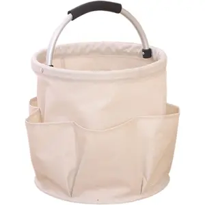 11 Inch White Canvas Storage Tote with Carry Handle, Multi-Pocket Utility Organizer Caddy, Portable Bag for Cleaning Supplies, Maintenance Tools and Outdoor Accessories