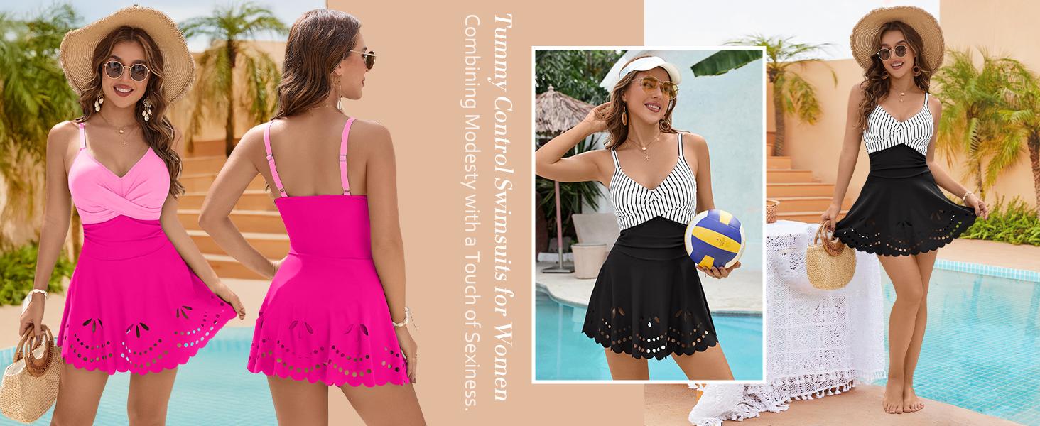 Jelly Womens One Piece Swimsuit Tummy Control with Cutout Skirt Bathing Suit Modest Twist Front Swim Dress