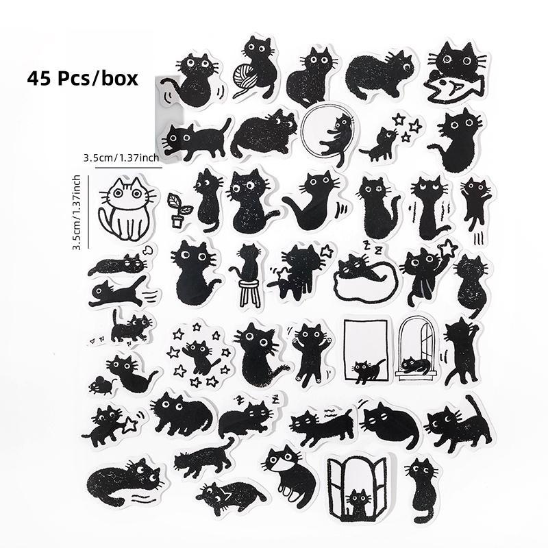 45pcs/box Cartoon Black Cat Pattern Sticker, Cute Pet Play Daily Pattern Self-adhesive Sticker, Decorative Sticker for Phone Case Computer Guitar Bag Water Cup Scrapbook